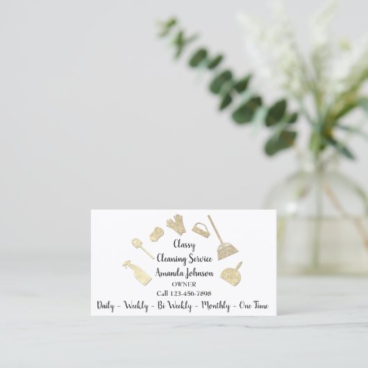 Classy Cleaning Services Gold Logo Maid White Visitekaartje (Staand voorkant)