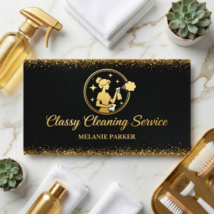 Classy Cleaning Services Logo Dienstmeid in goud Visitekaartje