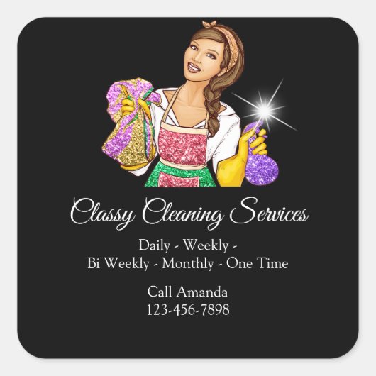Classy Cleaning Services Maid Housekeeper Glitter Vierkante Sticker (Voorkant)