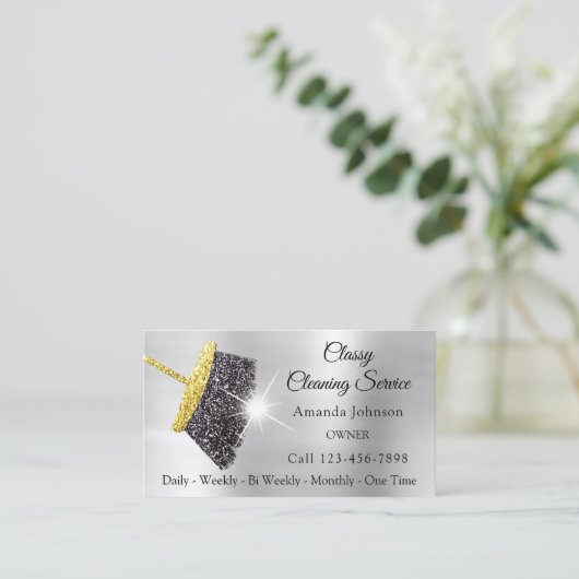 Classy Cleaning Services Silver Gold Glitter Black Visitekaartje (Staand voorkant)