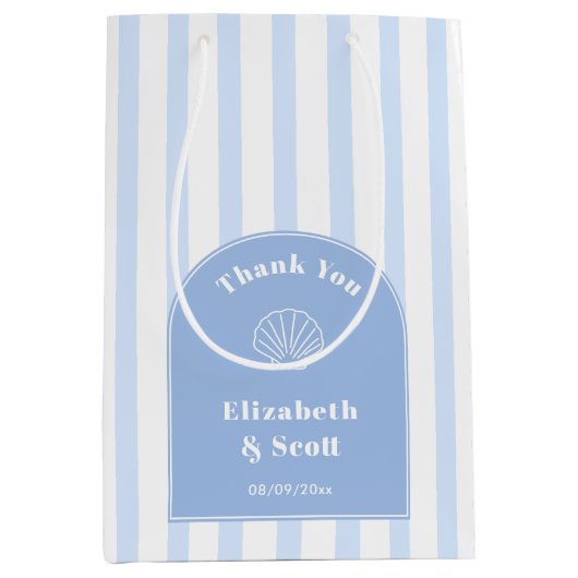 Classy Coastal Blue White Stripe Wedding Dank u Medium Cadeauzakje (Voorkant)
