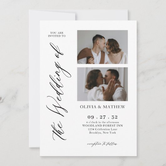 Classy Contemporary Script Fotocollage Wedding Kaart (Voorkant)
