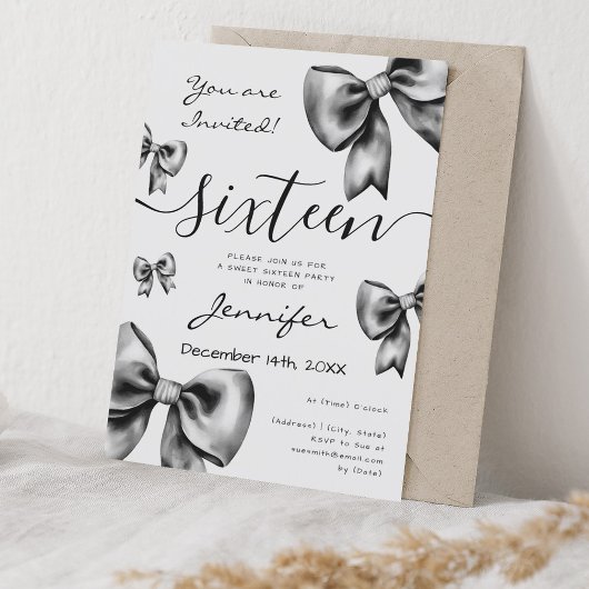 Classy Coquette Black Bow Sweet 16 Party Kaart