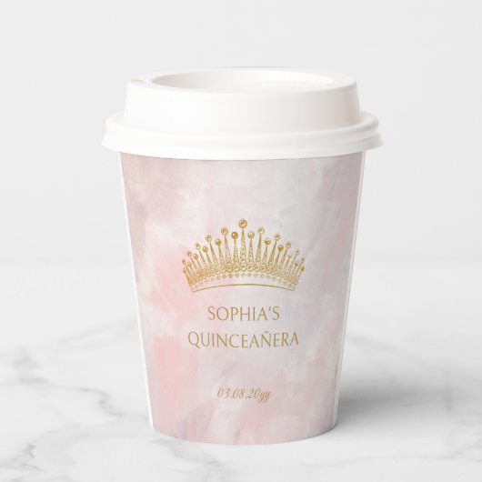 Classy Crown Pink Quinceanera Custom Papieren Bekers (Achterkant)