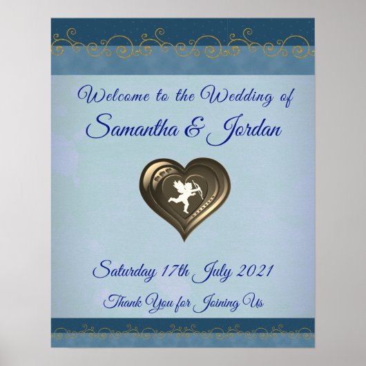 Classy Cupid in Heart, Blue & Gold Welcome Poster (Voorkant)