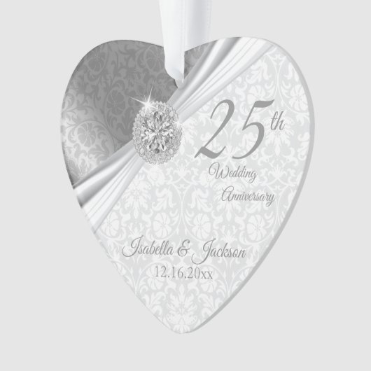 Classy Damask - 25th Silver Wedding Jubileum Ornament (voorkant)