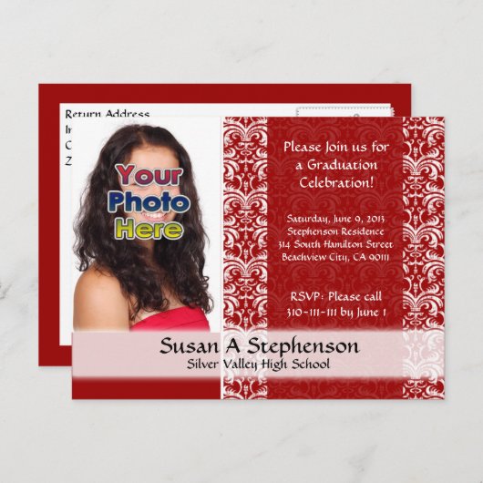 Classy Damask Afstuderen aankondiging, rood Uitnodiging Briefkaart (Voorkant / Achterkant)