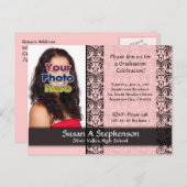 Classy Damask Afstuderen aankondiging, roze Uitnodiging Briefkaart (Voorkant / Achterkant)