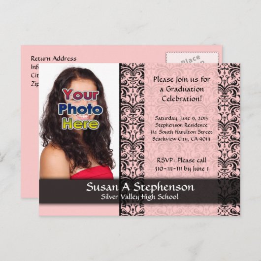 Classy Damask Afstuderen aankondiging, roze Uitnodiging Briefkaart (Voorkant / Achterkant)