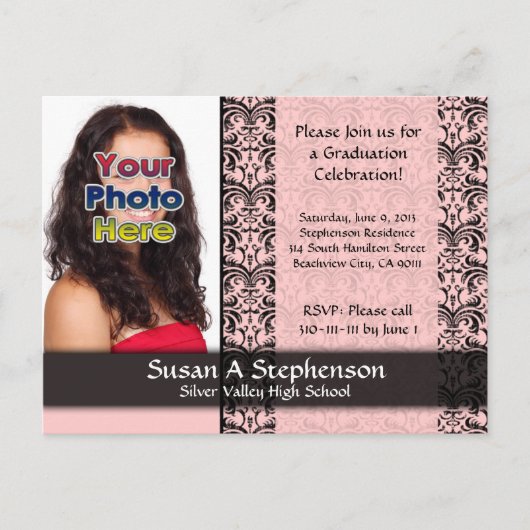 Classy Damask Afstuderen aankondiging, roze Uitnodiging Briefkaart (Voorkant)