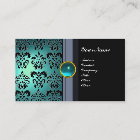 CLASSY DAMASK GEM MONOGRAM black blue aquamarine Visitekaartje (Voorkant)