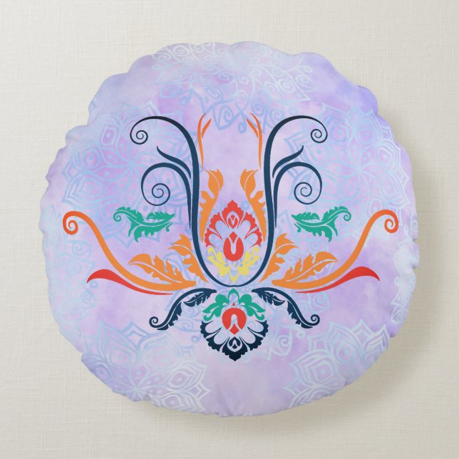 Classy Damask Geometric Flora met takken Rond Kussen (Voorkant)