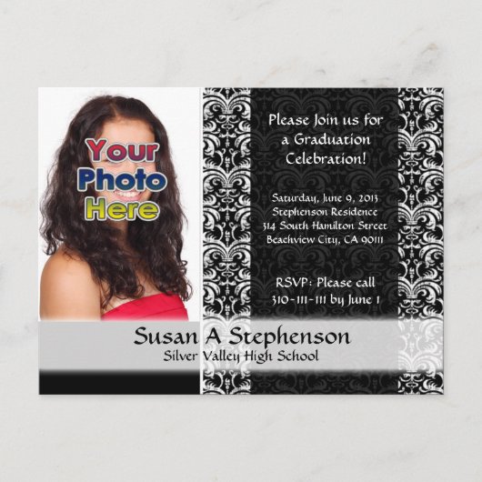 Classy Damask Graduation Party Invitation Foto Uitnodiging Briefkaart (Voorkant)