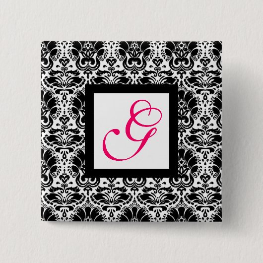 CLASSY DAMASK MONOGRAM, roze fuchsie Vierkante Button 5,1 Cm (Voorkant)