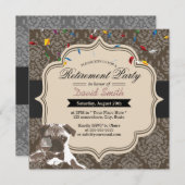 Classy Damask Pug & Wine Retirement Party Kaart (Voorkant / Achterkant)
