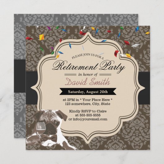 Classy Damask Pug & Wine Retirement Party Kaart (Voorkant / Achterkant)