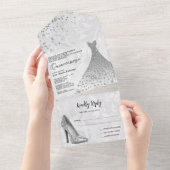 Classy Damask, Silver Stiletto & Gown Quinceañera All In One Uitnodiging (Afscheurbaar)