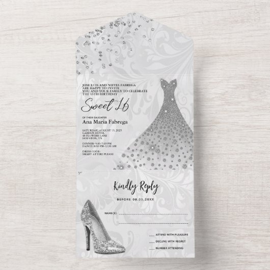 Classy Damask, Zilveren Stiletto & Gown Sweet 16 All In One Uitnodiging (Binnen)