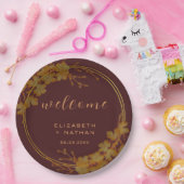 Classy Dark Burgundy & Gold Floral Welkom Papieren Bordje (Feest)