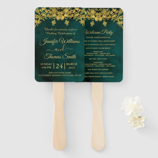 Classy Dark Green and Golden Wedding Programme Handwaaier (Voorkant en achterkant)