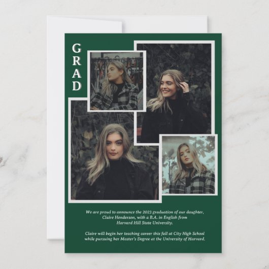 Classy Dark Green Photo Collage Afstuderen Aankondiging (Achterkant)