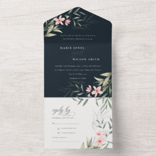 Classy Dark Navy Blush Greenery Floral Wedding All In One Uitnodiging