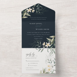 Classy Dark Navy White Greenery Floral Wedding All In One Uitnodiging