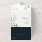Classy Dark Navy White Greenery Floral Wedding All In One Uitnodiging (Buitenkant)