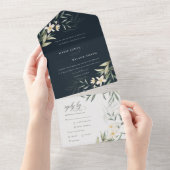Classy Dark Navy White Greenery Floral Wedding All In One Uitnodiging (Afscheurbaar)