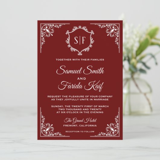 Classy Dark Red Monogram Weddenschap Kaart (Staand voorkant)