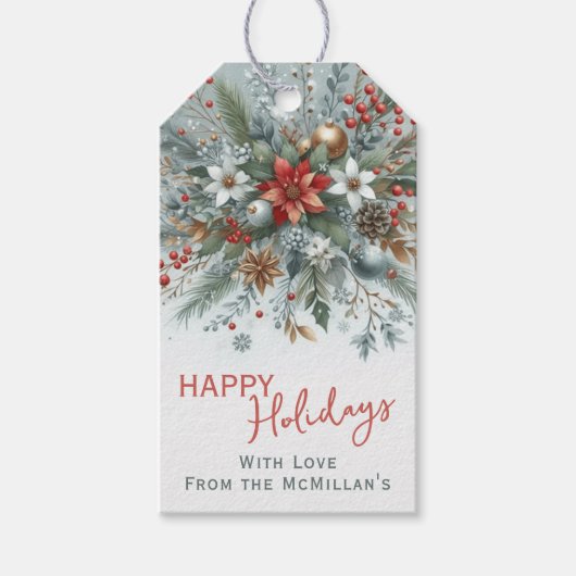 Classy Dark Red Teal Blue Floral Holiday Wreath Cadeaulabel (Voorkant)