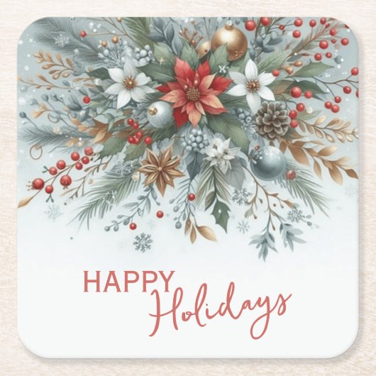 Classy Dark Red Teal Blue Floral Holiday Wreath Kartonnen Onderzetters (Voorkant)