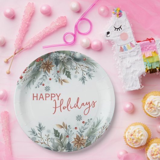 Classy Dark Red Teal Blue Floral Holiday Wreath Papieren Bordje (Feest)