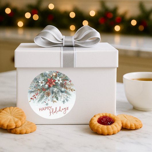 Classy Dark Red Teal Blue Floral Holiday Wreath Ronde Sticker