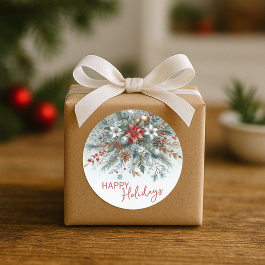 Classy Dark Red Teal Blue Floral Holiday Wreath Ronde Sticker