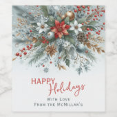 Classy Dark Red Teal Blue Floral Holiday Wreath Wijn Etiket (Enkel label)