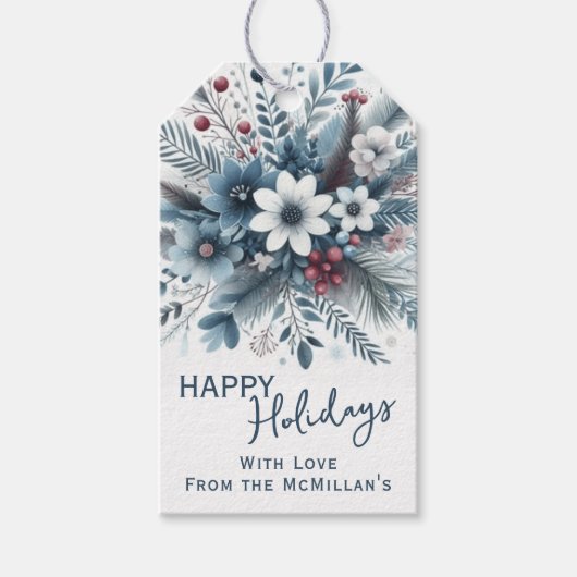 Classy Dark Teal Blue Red Floral Holiday Wreath Cadeaulabel (Voorkant)