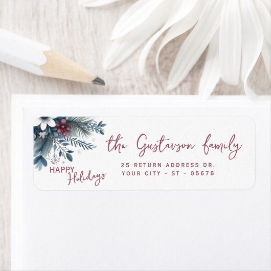 Classy Dark Teal Blue Red Floral Holiday Wreath Etiket (Insitu)