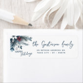 Classy Dark Teal Blue Red Floral Holiday Wreath Etiket (Insitu)