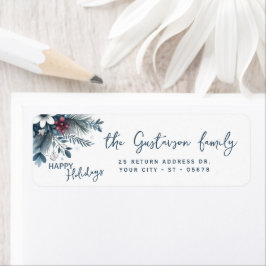 Classy Dark Teal Blue Red Floral Holiday Wreath Etiket