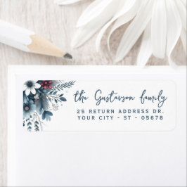 Classy Dark Teal Blue Red Floral Holiday Wreath Etiket