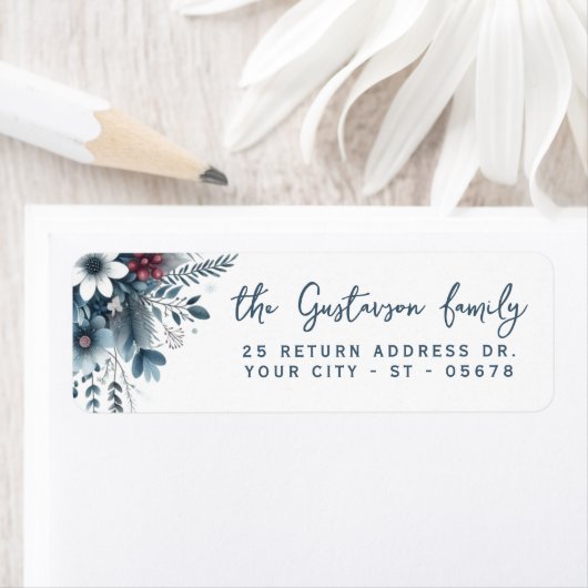 Classy Dark Teal Blue Red Floral Holiday Wreath Etiket (Insitu)