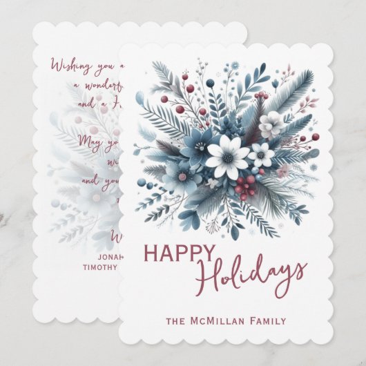 Classy Dark Teal Blue Red Floral Holiday Wreath Feestdagenkaart (Voorkant / Achterkant)