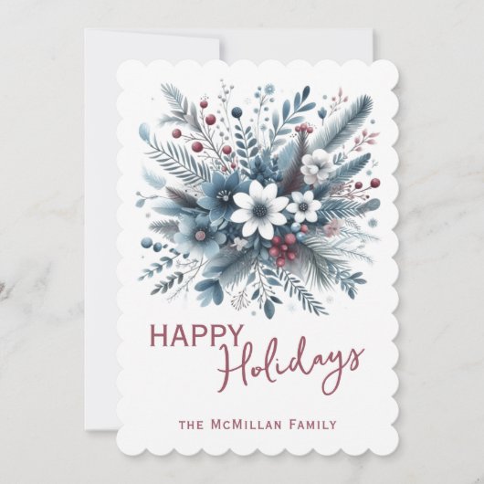 Classy Dark Teal Blue Red Floral Holiday Wreath Feestdagenkaart (Voorkant)