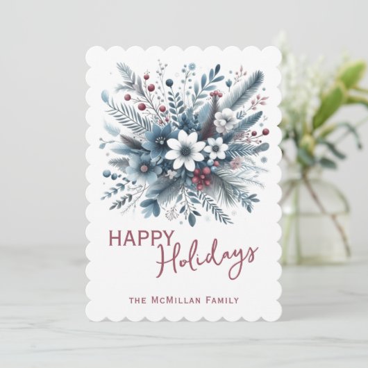 Classy Dark Teal Blue Red Floral Holiday Wreath Feestdagenkaart (Staand voorkant)