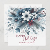 Classy Dark Teal Blue Red Floral Holiday Wreath Feestdagenkaart (Voorkant / Achterkant)