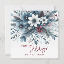 Classy Dark Teal Blue Red Floral Holiday Wreath Feestdagenkaart