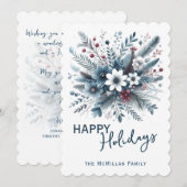 Classy Dark Teal Blue Red Floral Holiday Wreath Feestdagenkaart (Voorkant / Achterkant)