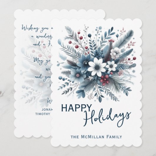 Classy Dark Teal Blue Red Floral Holiday Wreath Feestdagenkaart (Voorkant / Achterkant)