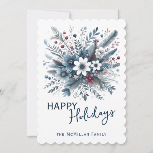 Classy Dark Teal Blue Red Floral Holiday Wreath Feestdagenkaart (Voorkant)